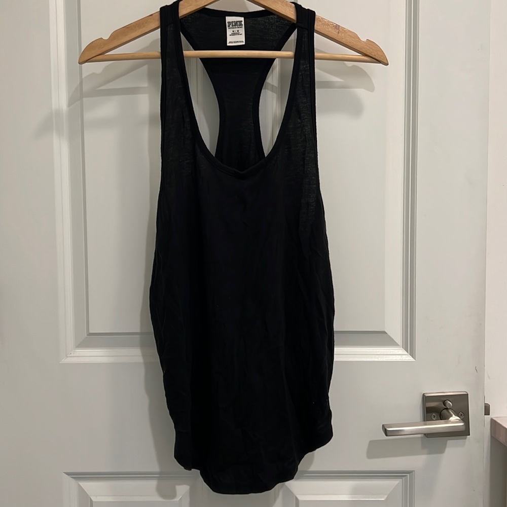 VS PINK LIGHTWEIGHT LONG BLACK SLEEVELESS SCOOP NECK RACERBACK TEE